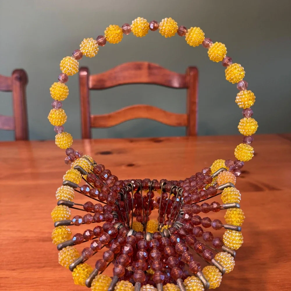Vintage Safety Pin Beaded Basket Folk Art Amber Yellow Brown